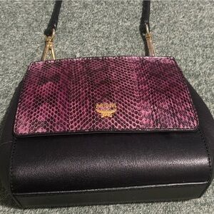 MCM Black Leather Crossbody with Purple Snake-Print Panel and Gold Hardware